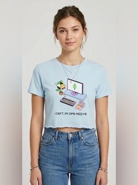 The Sims "I Can’t, My Sims Need Me" Raw Hem Crop Top Tee – Light Blue, Size S